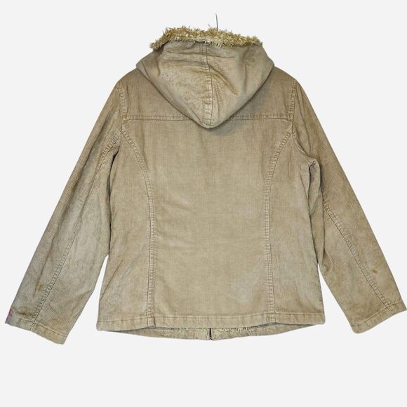 Vintage Y2K Esprit Corduroy Hooded Jacket Women M Beig  Full Zip Faux Fur Trim - Picture 3 of 12